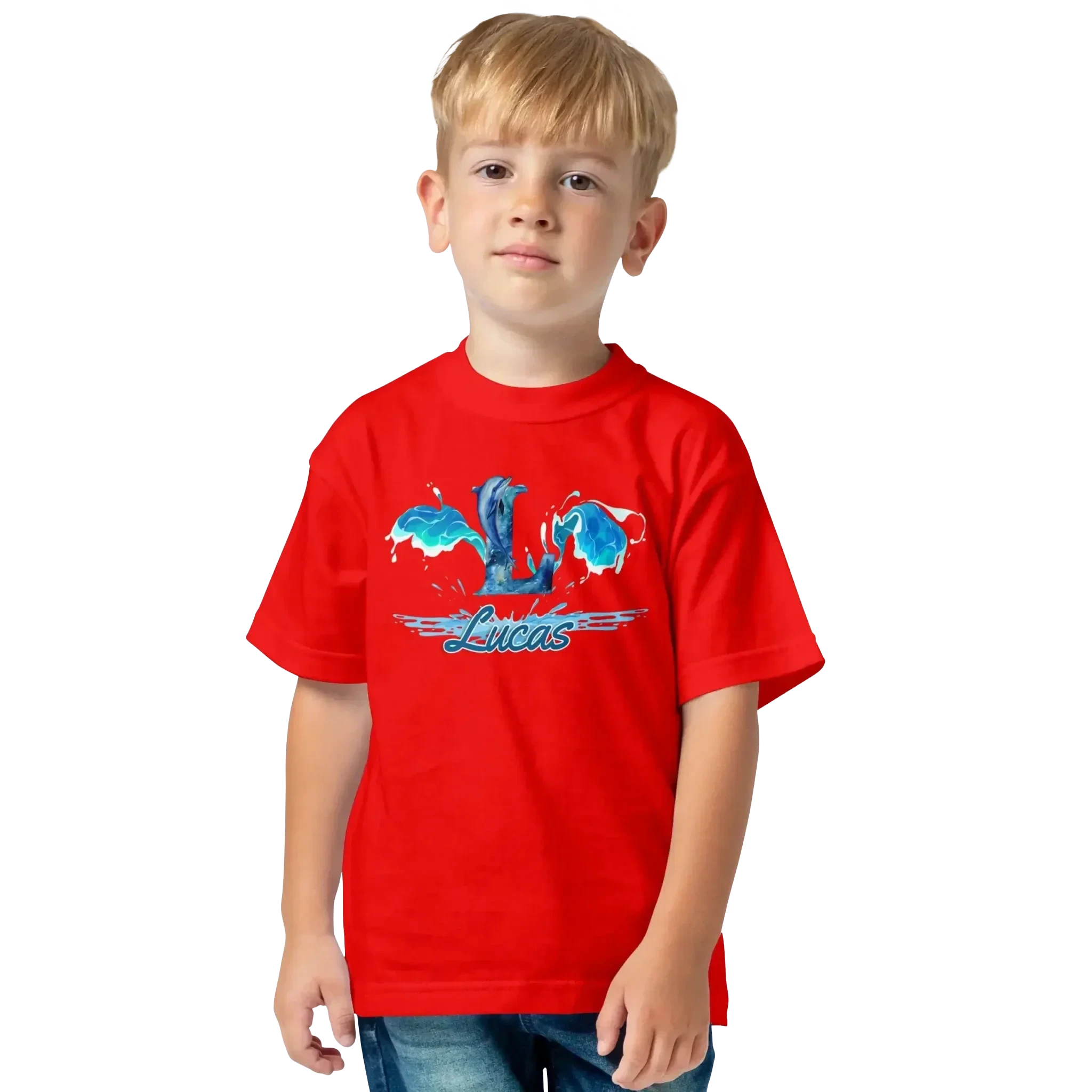 T shirt personnaliser pour enfants - Dauphin et éclaboussures d'eau avec prénom - MiniLook