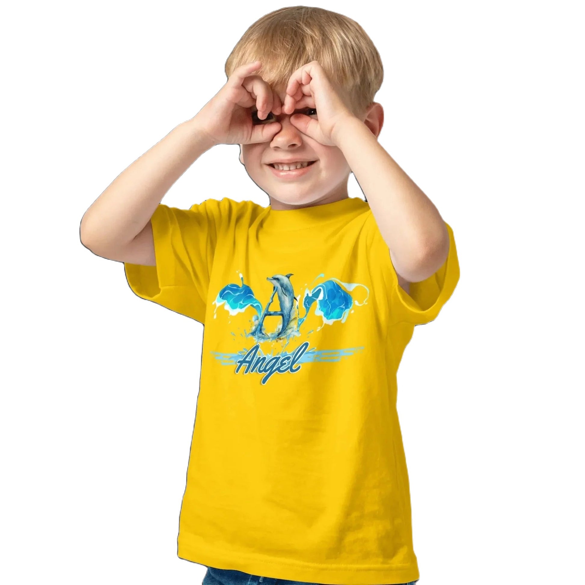 T shirt personnaliser pour enfants - Dauphin et éclaboussures d'eau avec prénom - MiniLook