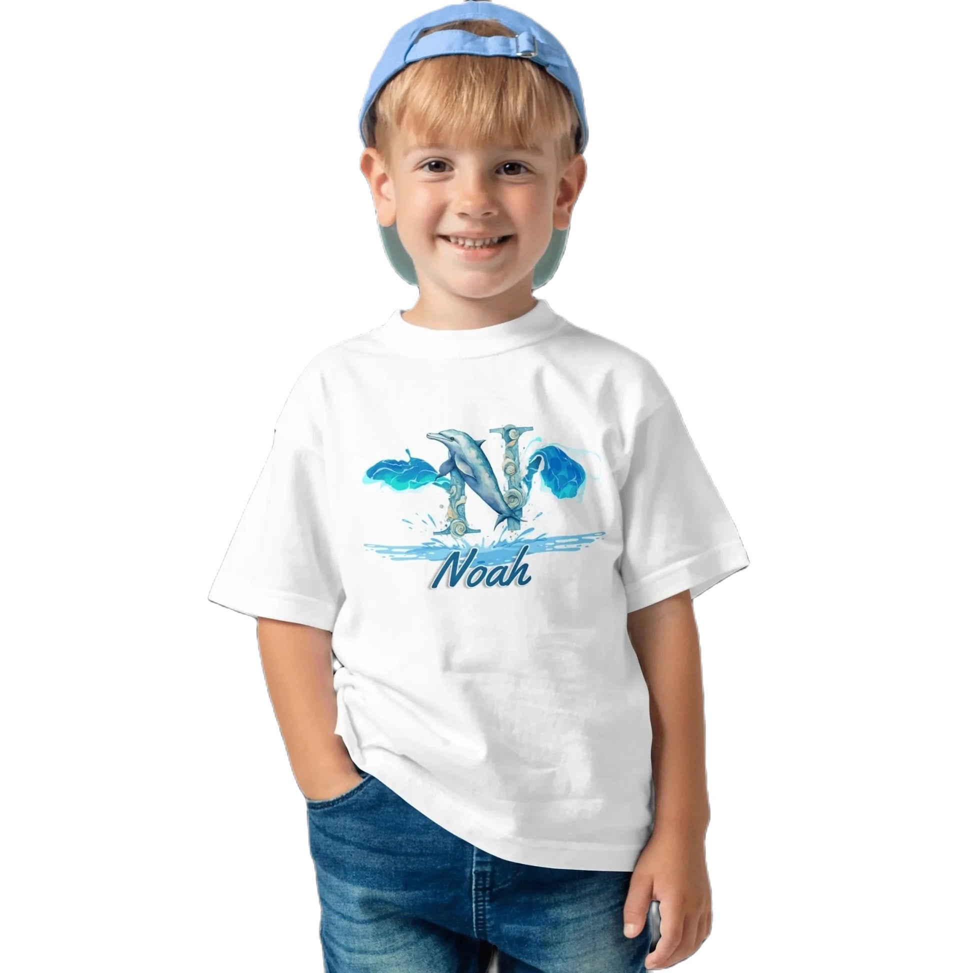 T shirt personnaliser pour enfants - Dauphin et éclaboussures d'eau avec prénom - MiniLook