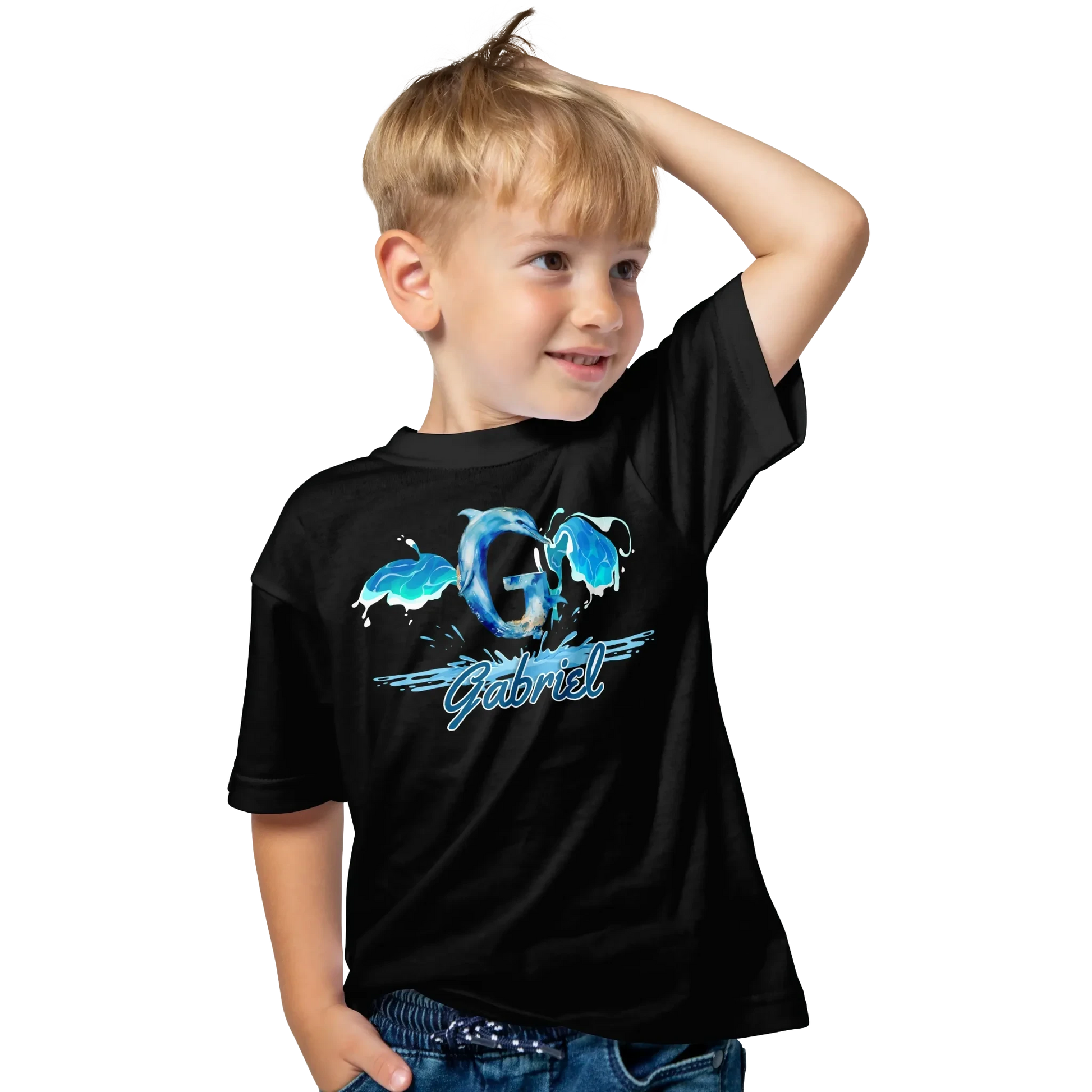 T shirt personnaliser pour enfants - Dauphin et éclaboussures d'eau avec prénom - MiniLook