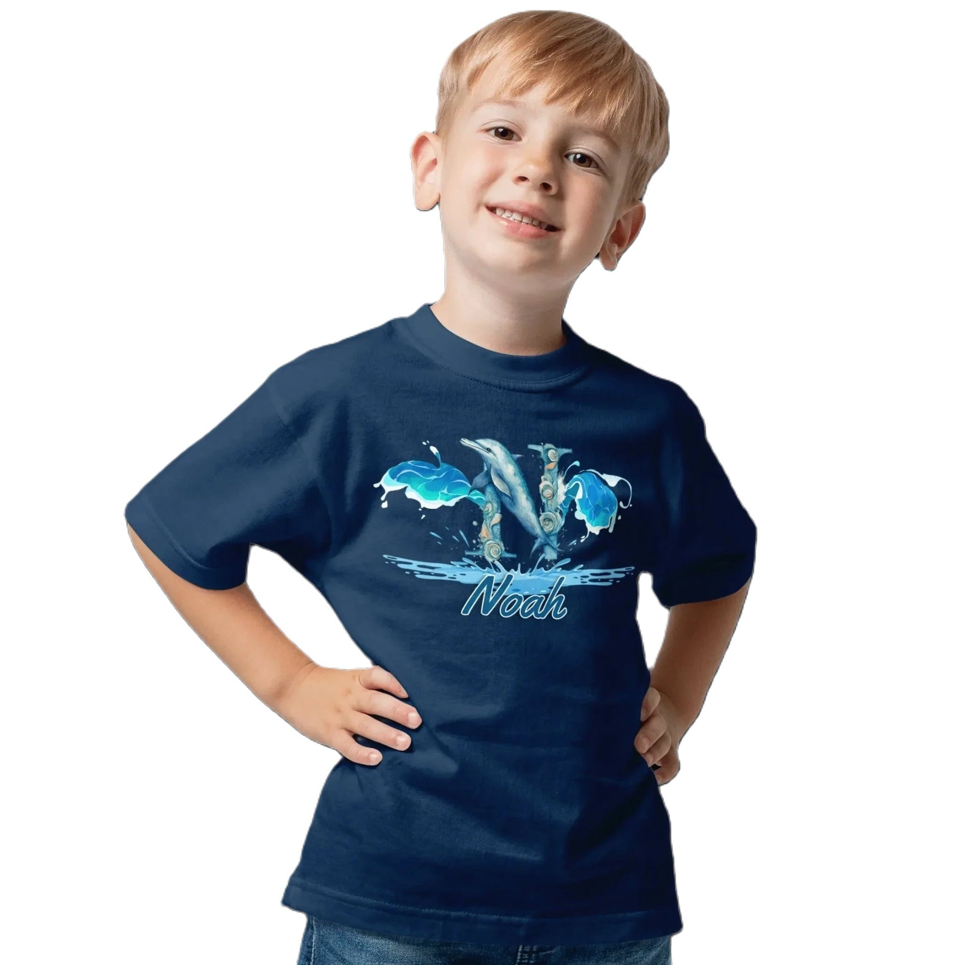 T shirt personnaliser pour enfants - Dauphin et éclaboussures d'eau avec prénom - MiniLook