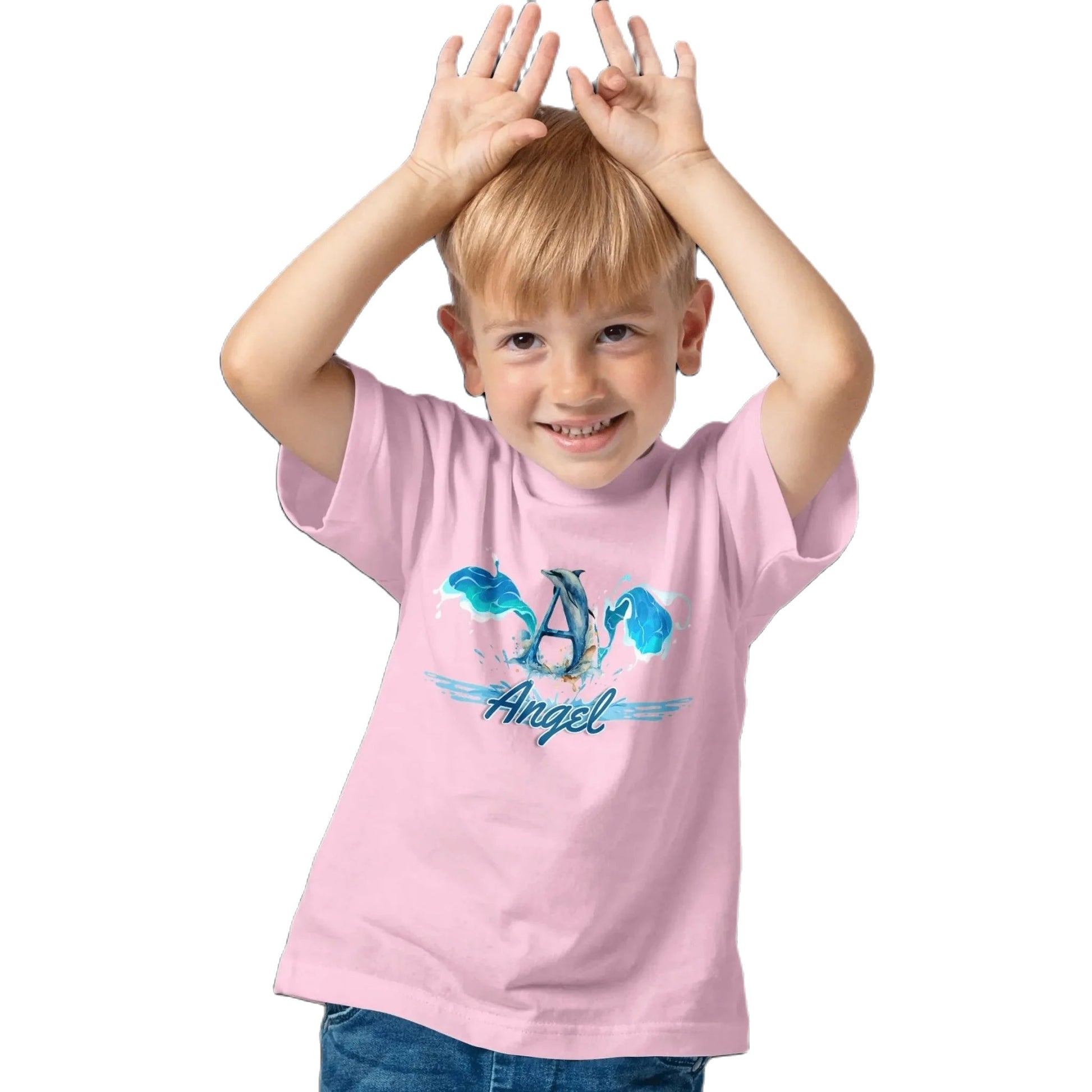 T shirt personnaliser pour enfants - Dauphin et éclaboussures d'eau avec prénom - MiniLook