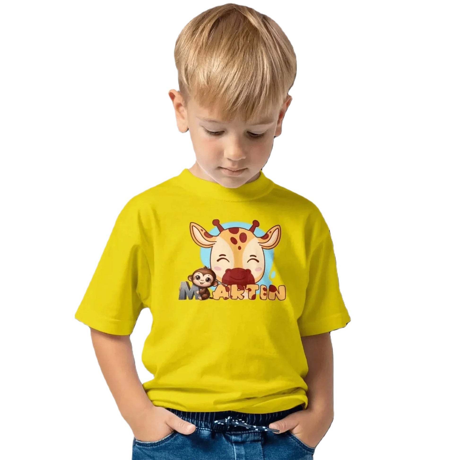 T shirt personnaliser pour enfants - Motif vache et singe avec prénom - MiniLook