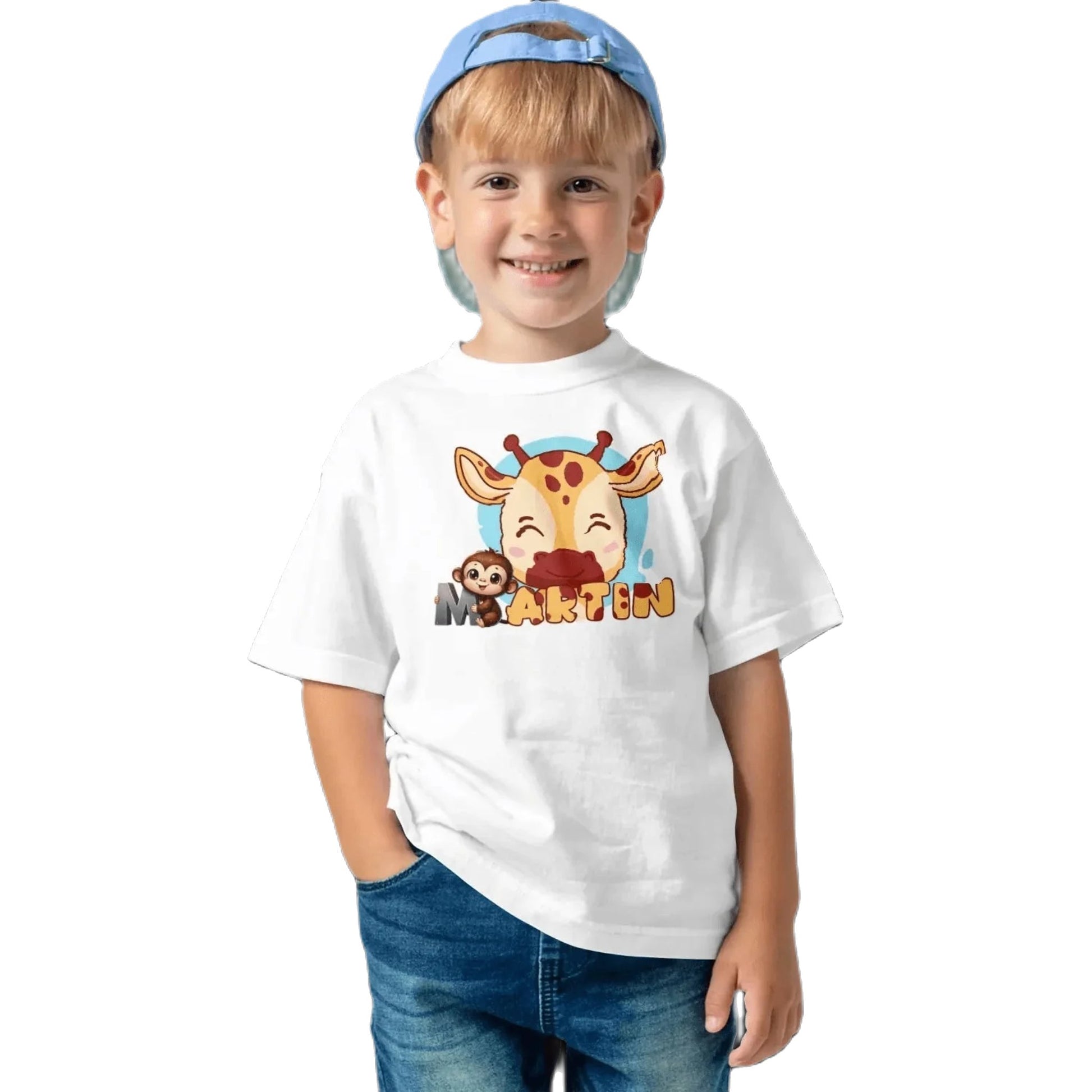 T shirt personnaliser pour enfants - Motif vache et singe avec prénom - MiniLook