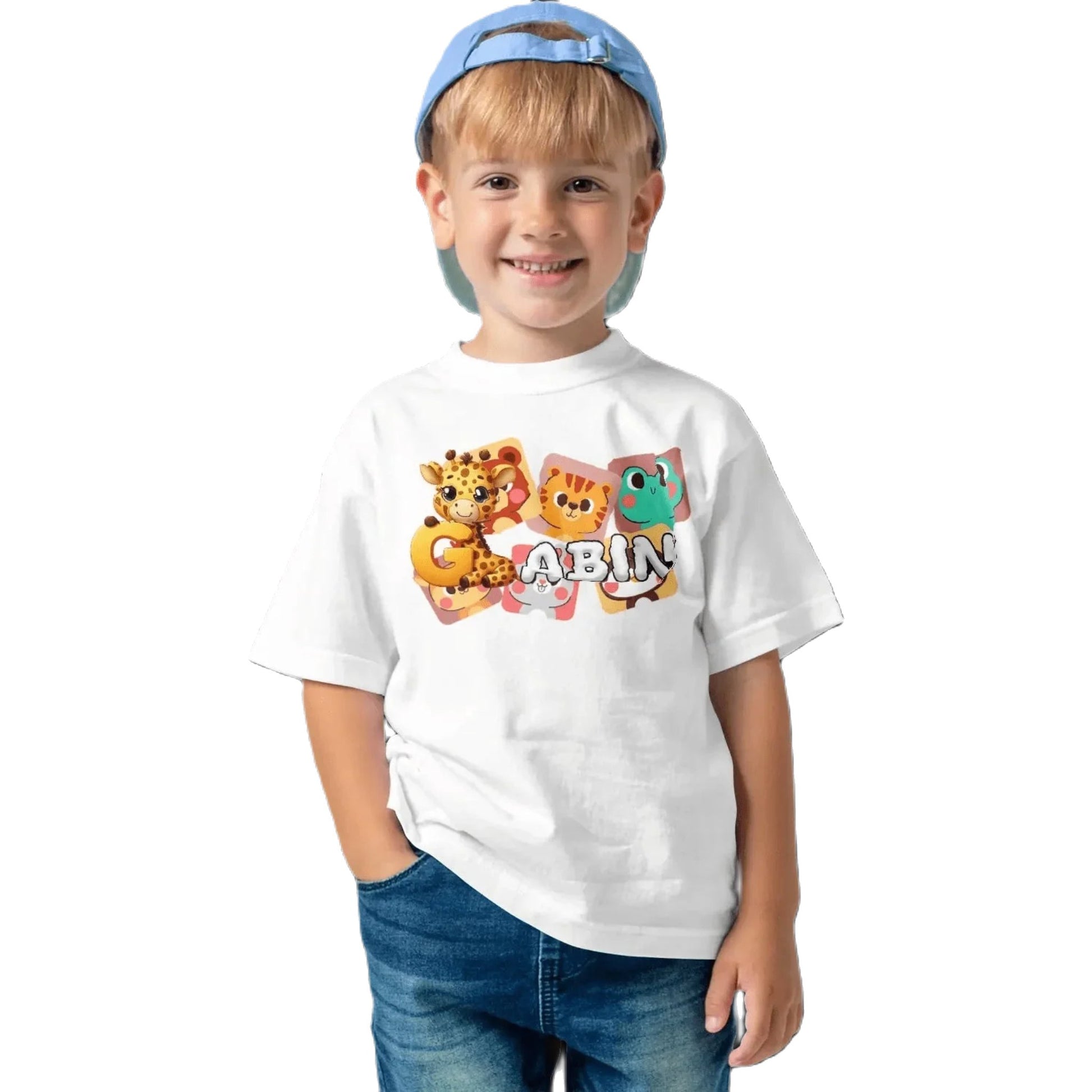 T shirt personnaliser pour enfants - Visages d’animaux en mosaïque avec prénom - MiniLook