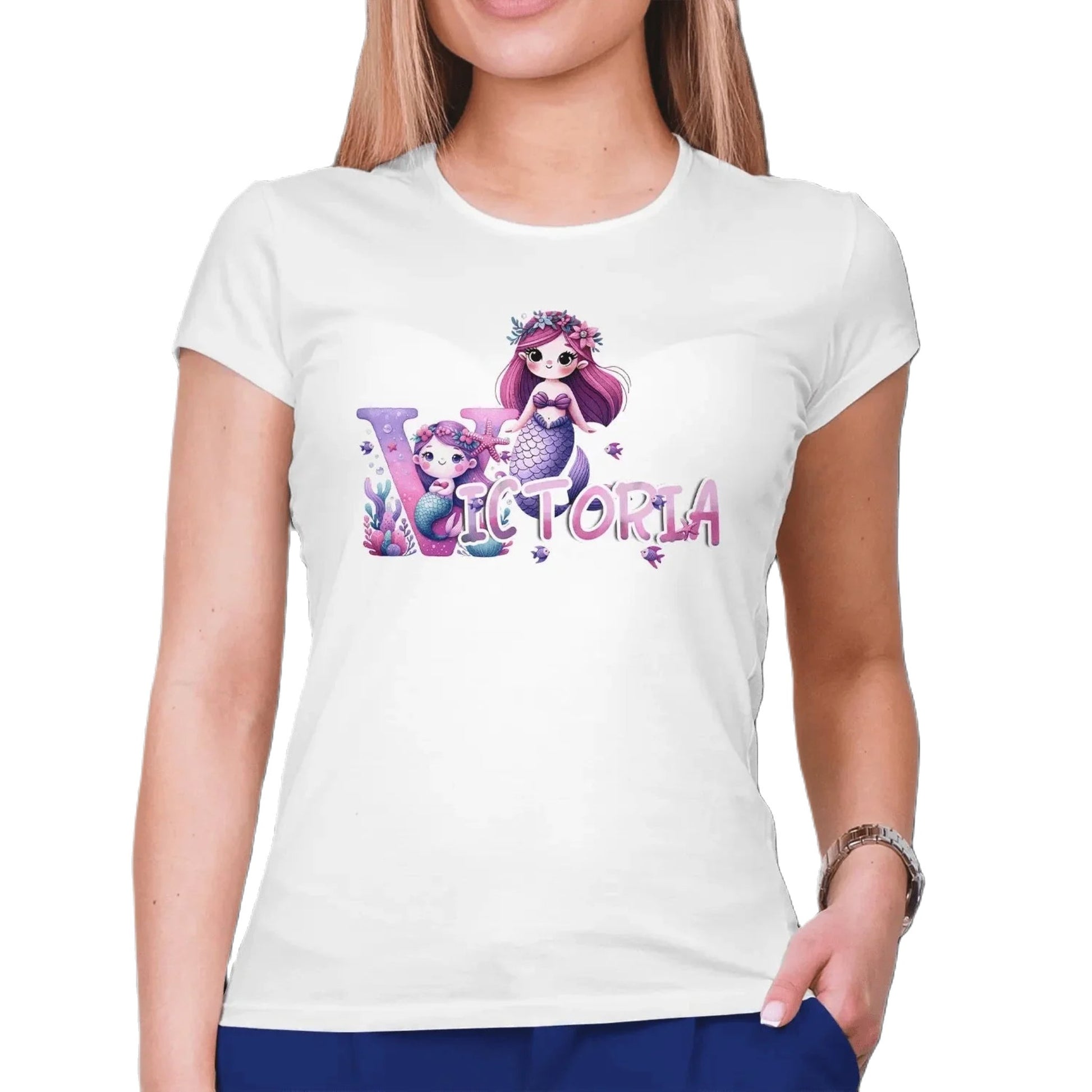 T shirt personnaliser pour femme - Deux sirènes avec prénom et initiale - MiniLook