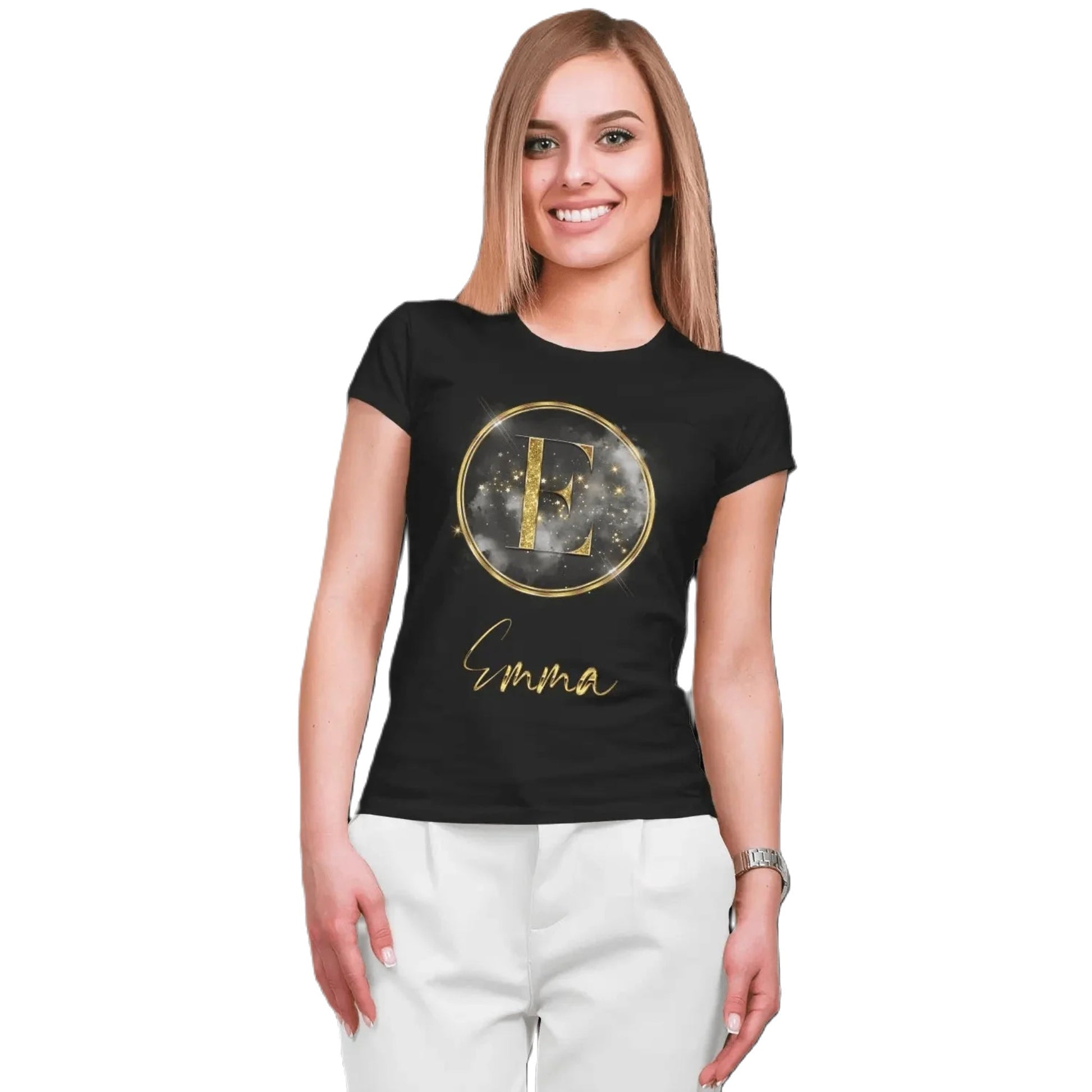 T shirt personnaliser pour femme - Fond poussière noire avec prénom et initiale - MiniLook