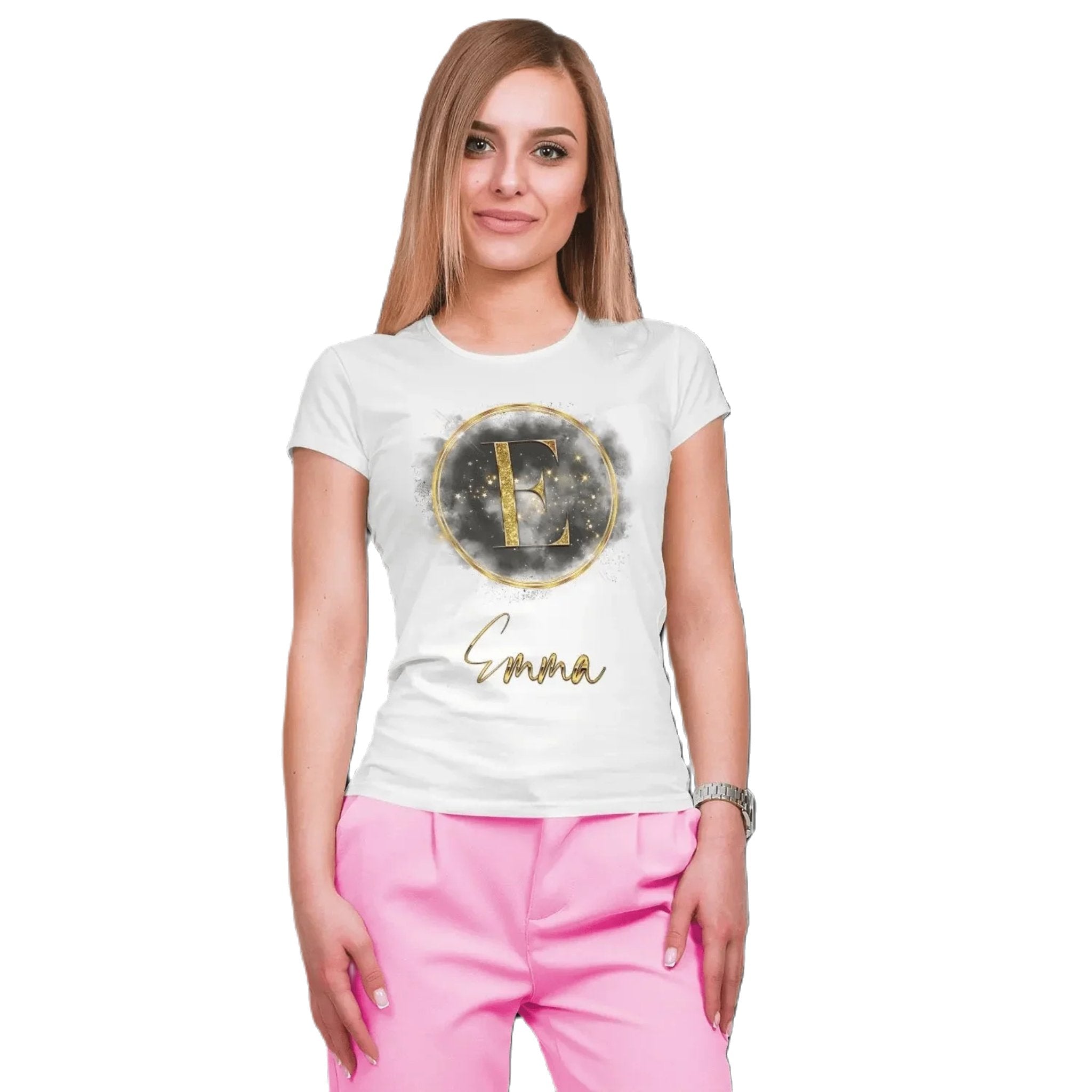 T shirt personnaliser pour femme - Fond poussière noire avec prénom et initiale - MiniLook