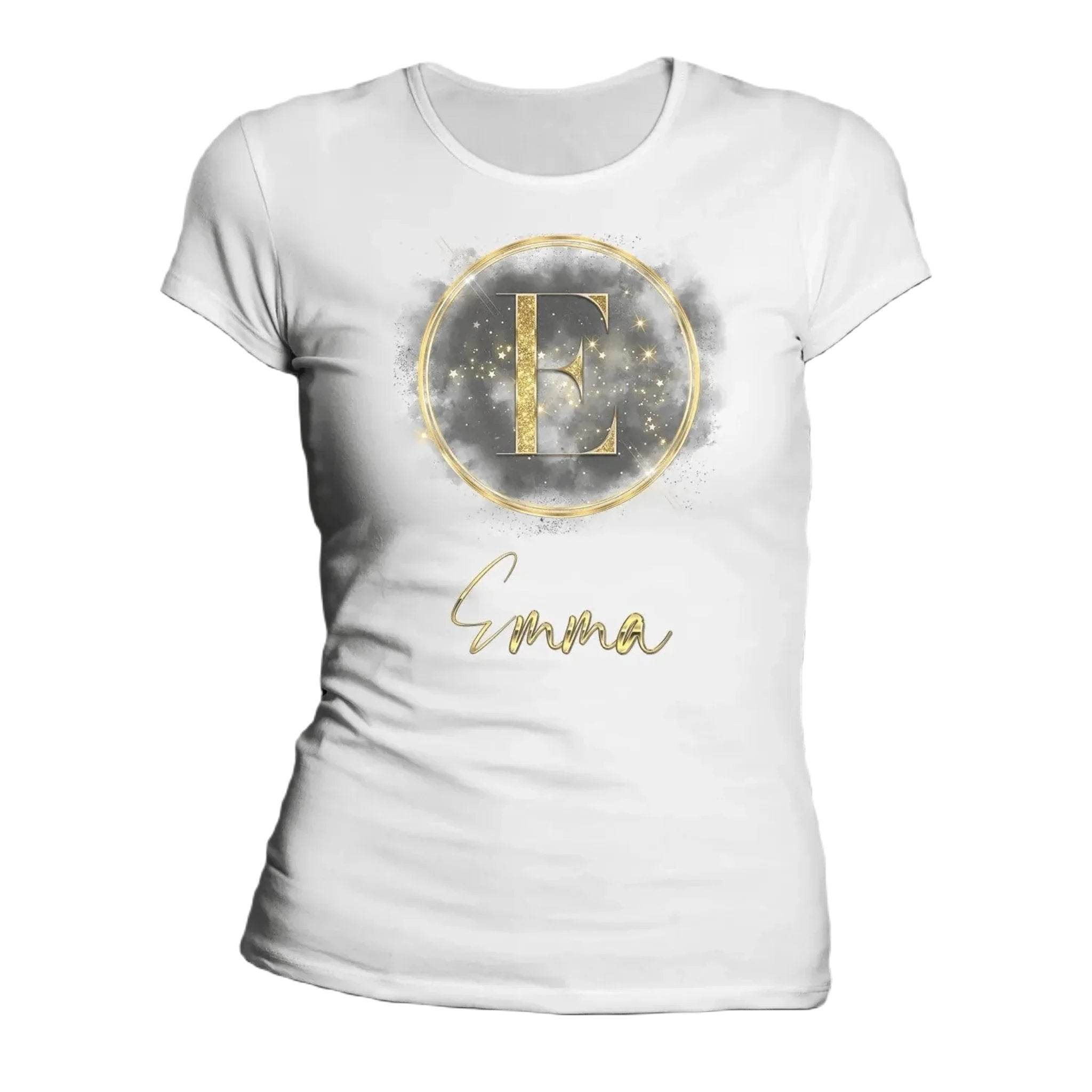 T shirt personnaliser pour femme - Fond poussière noire avec prénom et initiale - MiniLook