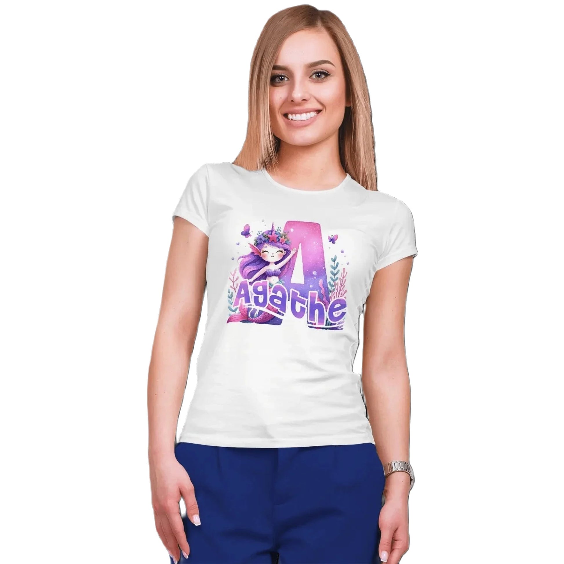 T shirt personnaliser pour femme - Sirène et fond marbre avec prénom et initiale - MiniLook