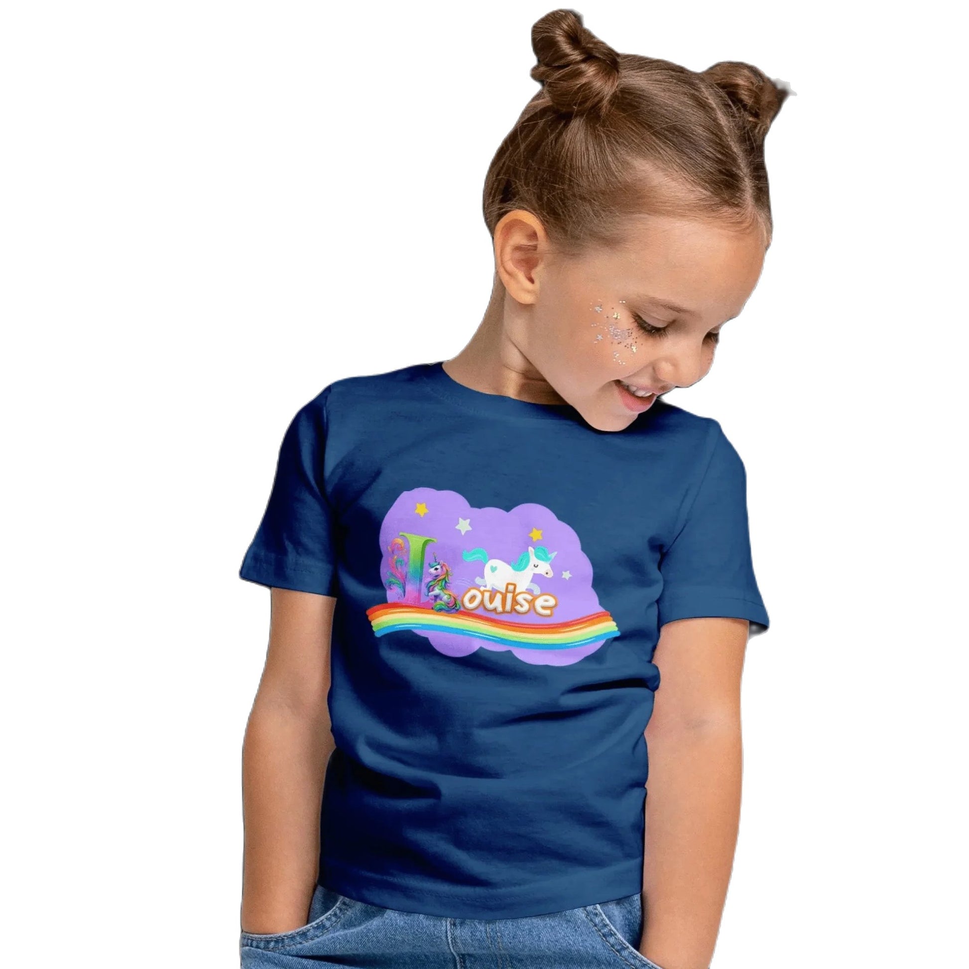 T shirt personnaliser pour fille - Arc - en - ciel, licorne et étoiles avec prénom - MiniLook