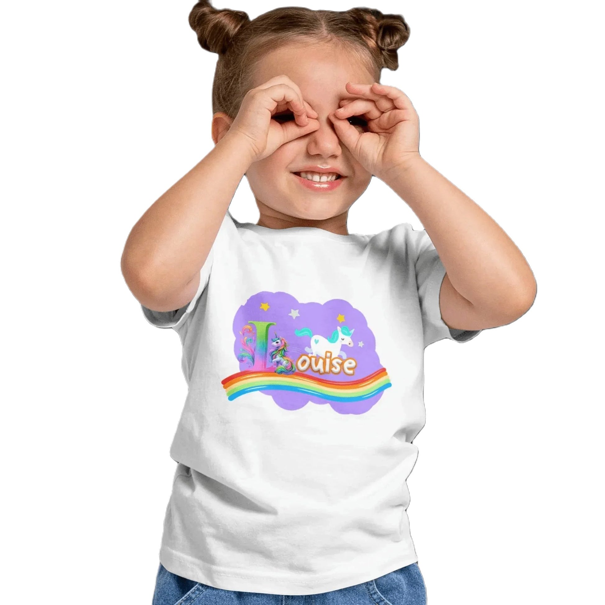 T shirt personnaliser pour fille - Arc - en - ciel, licorne et étoiles avec prénom - MiniLook