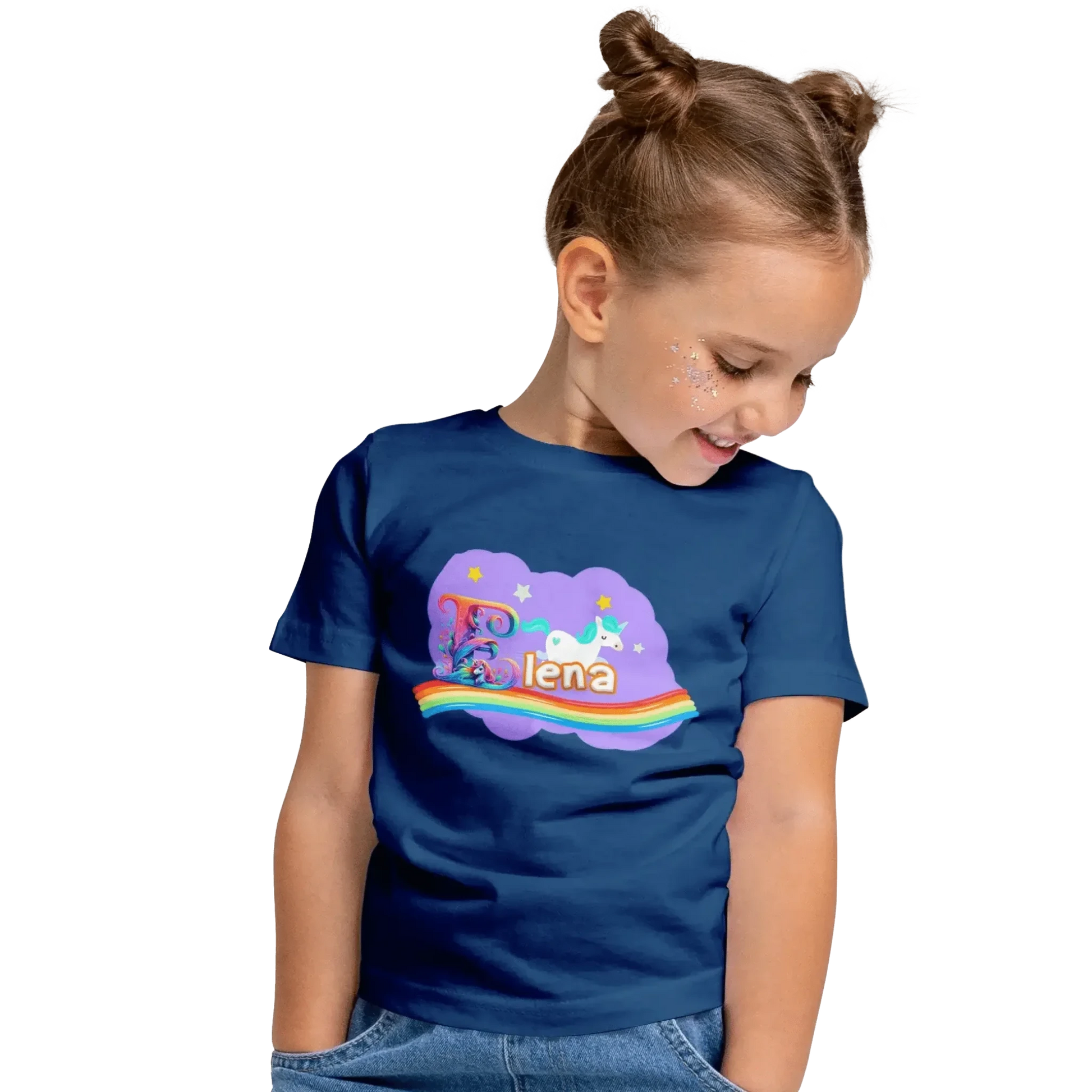 T shirt personnaliser pour fille - Arc - en - ciel, licorne et étoiles avec prénom - MiniLook