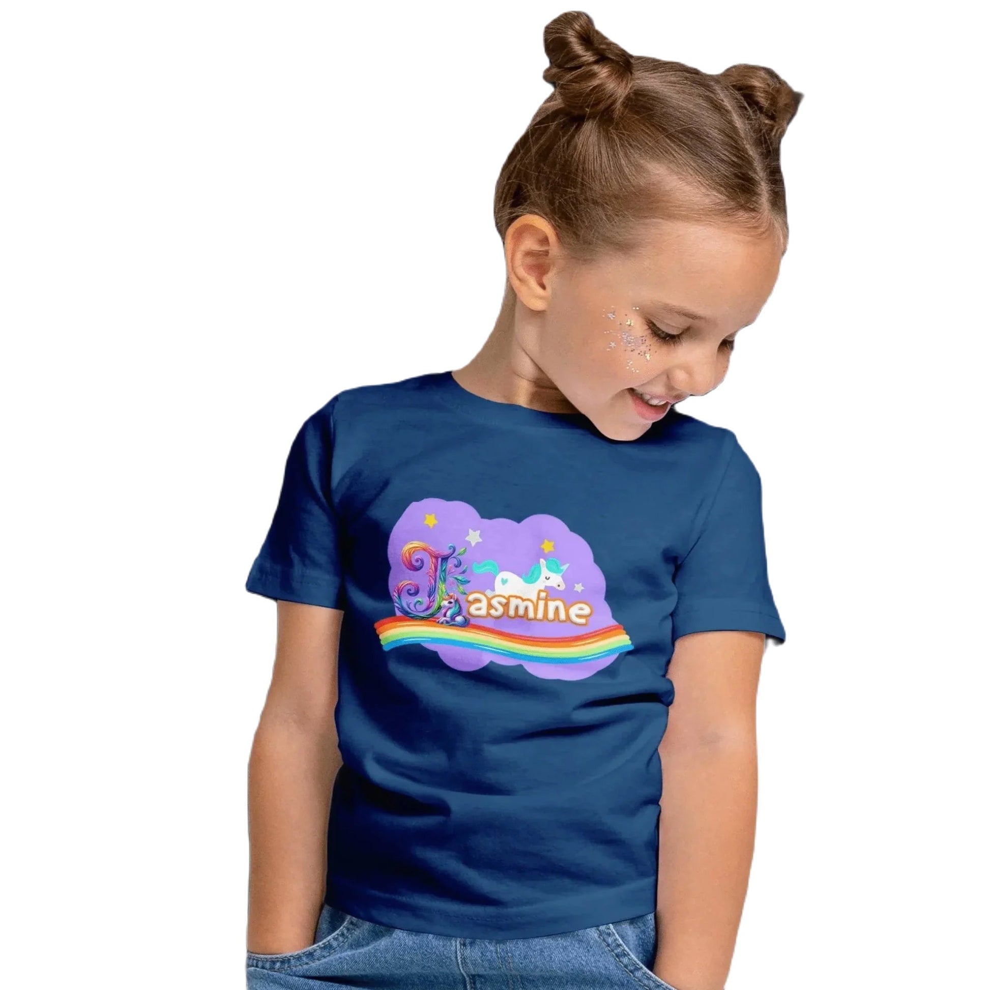 T shirt personnaliser pour fille - Arc - en - ciel, licorne et étoiles avec prénom - MiniLook