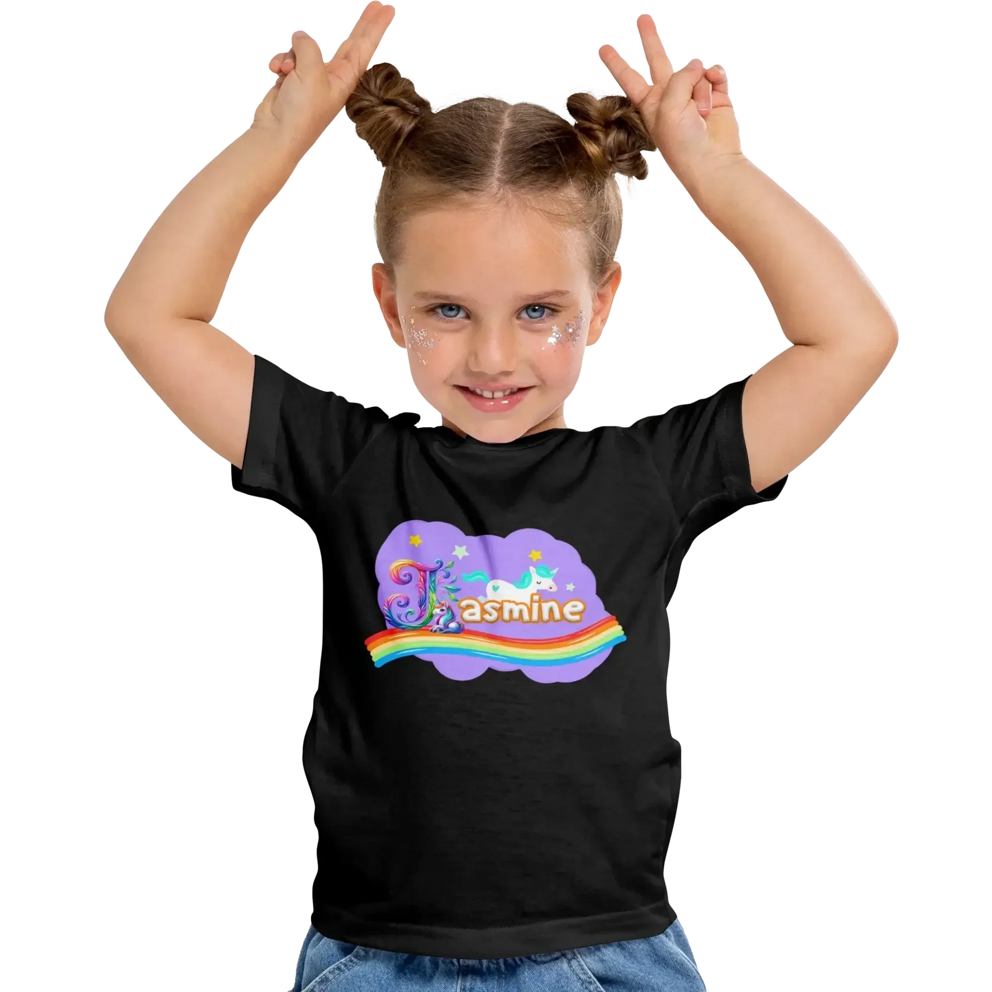 T shirt personnaliser pour fille - Arc - en - ciel, licorne et étoiles avec prénom - MiniLook