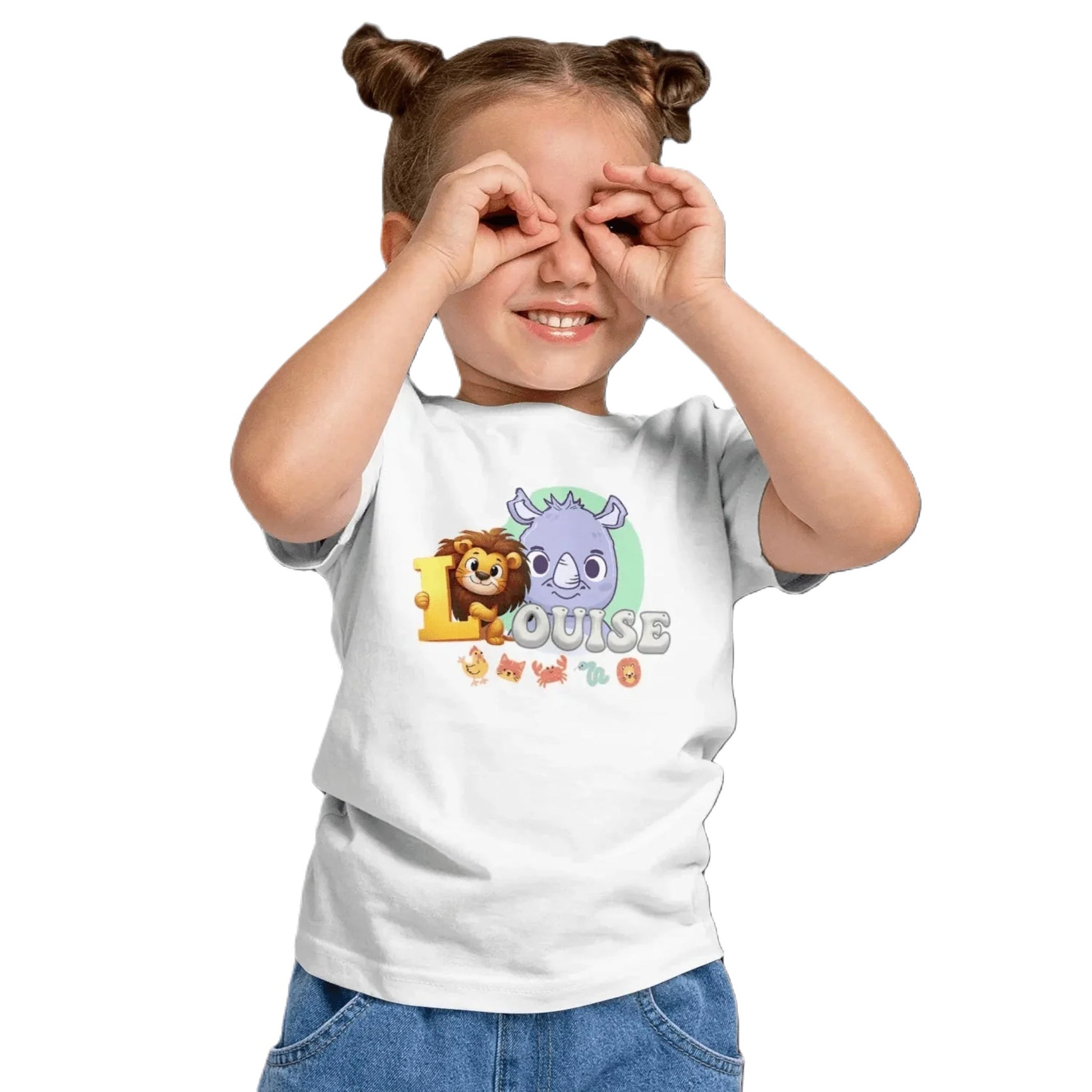 T shirt personnaliser pour fille - Éléphant et rhinocéros avec prénom - MiniLook